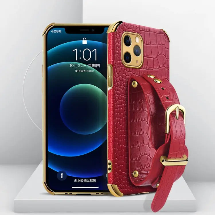 Electroplated TPU Crocodile Pattern Leather Case with Wrist Strap For iPhone 11 Pro Max For iPhone 12 mini For iPhone
