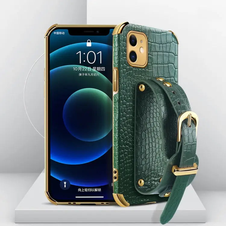 Electroplated TPU Crocodile Pattern Leather Case with Wrist Strap For iPhone XR For iPhone XS Max For iPhone 11