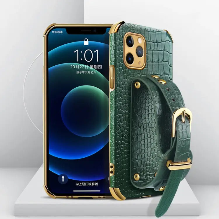 Electroplated TPU Crocodile Pattern Leather Case with Wrist Strap For iPhone XR For iPhone XS Max For iPhone 11