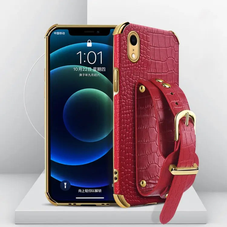 Electroplated TPU Crocodile Pattern Leather Case with Wrist Strap For iPhone XR For iPhone XS Max For iPhone 11