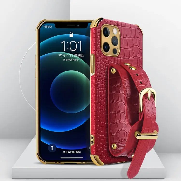 Electroplated TPU Crocodile Pattern Leather Case with Wrist Strap For iPhone 12 Pro Max - For iPhone 12 Pro Max / Red