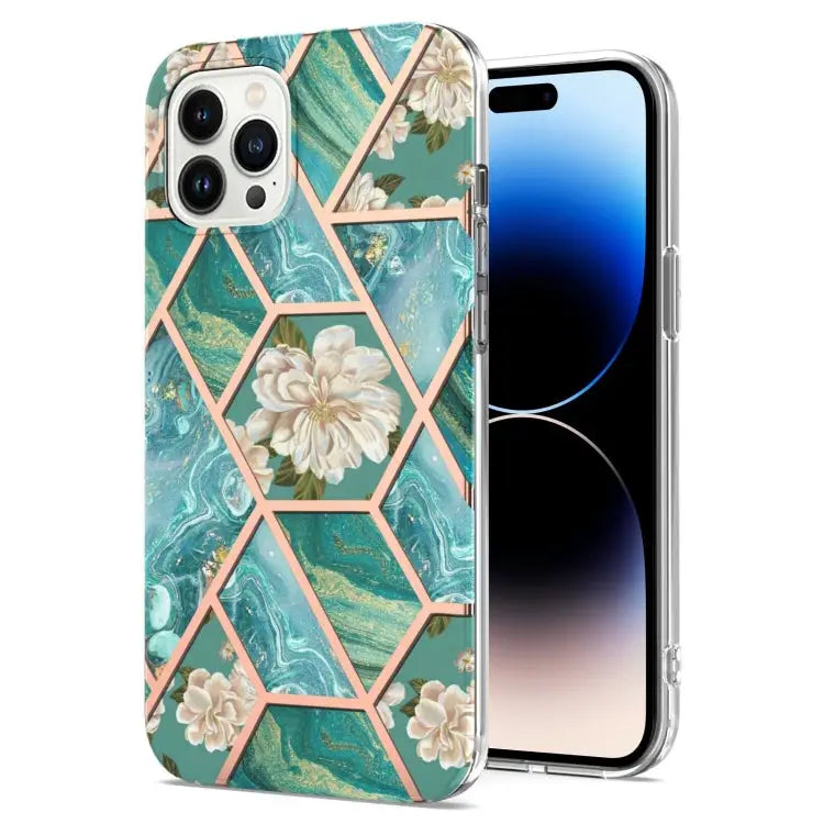 Electroplating Splicing Marble Flower Pattern TPU Shockproof Case For iPhone 14 For iPhone 14 Plus For iPhone 14 Pro