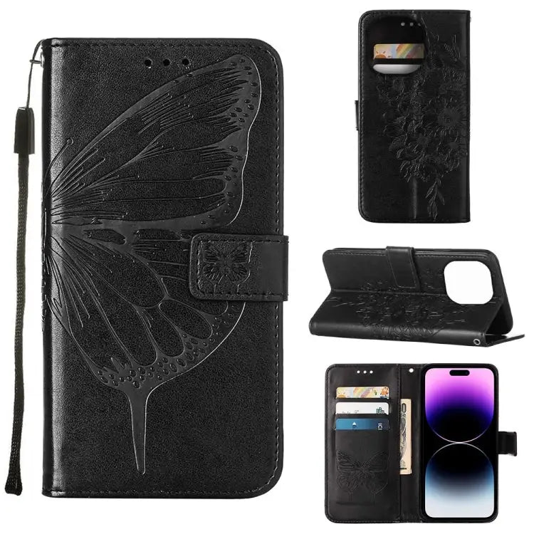 Embossed Butterfly Leather Phone Case For iPhone 14 For iPhone 14 Plus For iPhone 14 Pro - For iPhone 14 Pro / Black