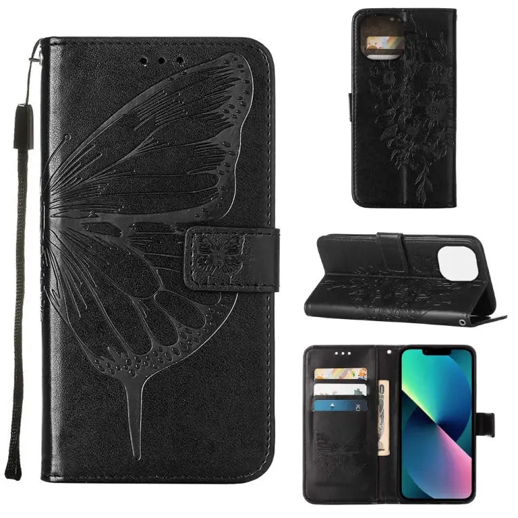 Embossed Butterfly Leather Phone Case For iPhone 14 For iPhone 14 Plus For iPhone 14 Pro - For iPhone 14 Plus / Black