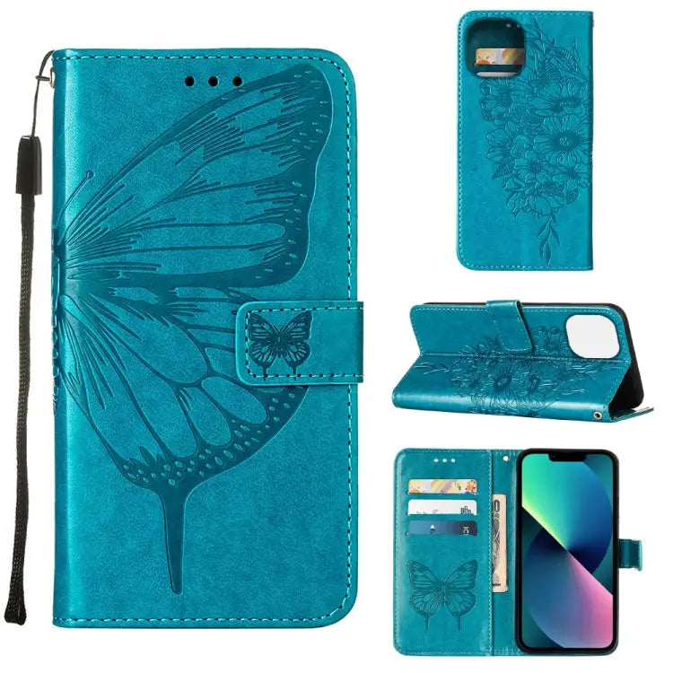 Embossed Butterfly Leather Phone Case For iPhone 14 For iPhone 14 Plus For iPhone 14 Pro - For iPhone 14 Plus / Blue