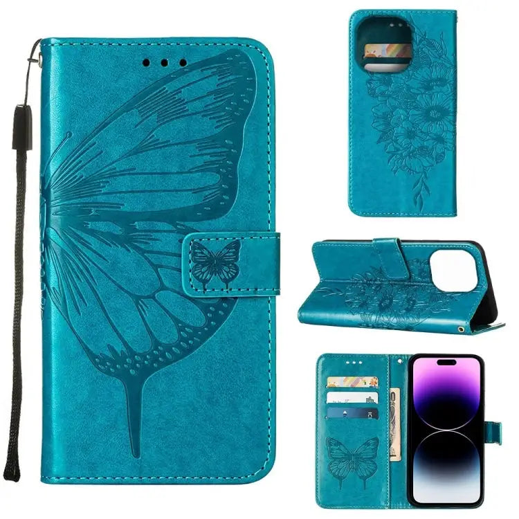 Embossed Butterfly Leather Phone Case For iPhone 14 For iPhone 14 Plus For iPhone 14 Pro - For iPhone 14 Pro / Blue