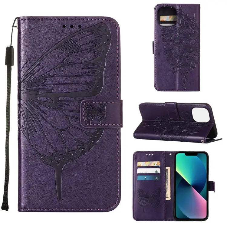 Embossed Butterfly Leather Phone Case For iPhone 14 For iPhone 14 Plus For iPhone 14 Pro - For iPhone 14 / Dark Purple