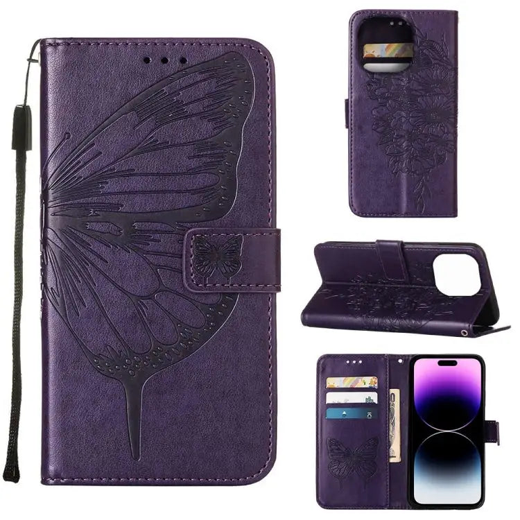 Embossed Butterfly Leather Phone Case For iPhone 14 For iPhone 14 Plus For iPhone 14 Pro - For iPhone 14 Pro / Dark