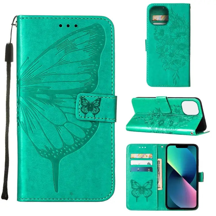 Embossed Butterfly Leather Phone Case For iPhone 14 For iPhone 14 Plus For iPhone 14 Pro - For iPhone 14 / Green