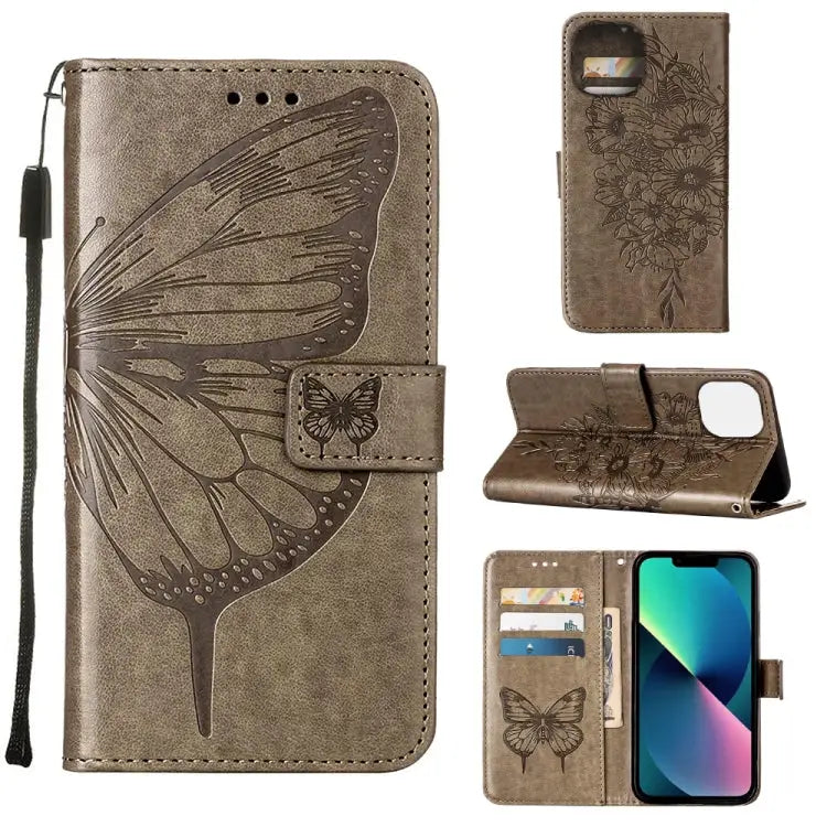 Embossed Butterfly Leather Phone Case For iPhone 14 For iPhone 14 Plus For iPhone 14 Pro - For iPhone 14 / Grey - Apple