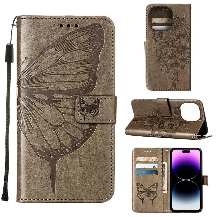Embossed Butterfly Leather Phone Case For iPhone 14 For iPhone 14 Plus For iPhone 14 Pro - For iPhone 14 Pro / Grey