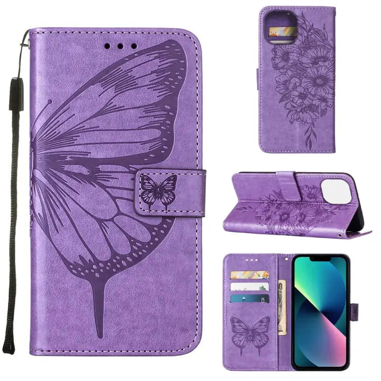 Embossed Butterfly Leather Phone Case For iPhone 14 For iPhone 14 Plus For iPhone 14 Pro - For iPhone 14 Plus / Light