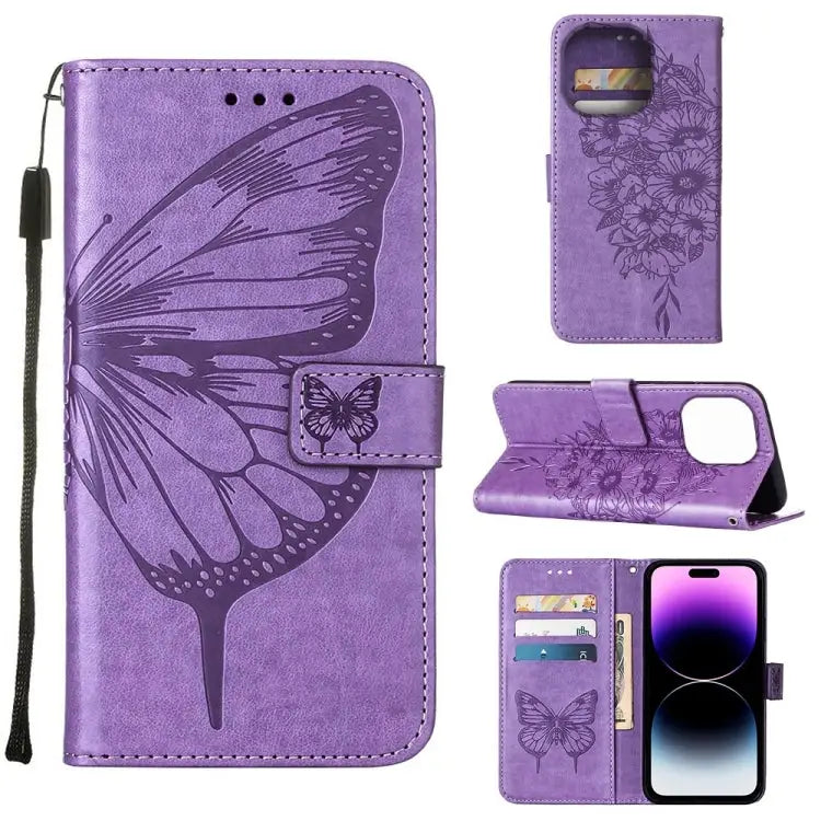 Embossed Butterfly Leather Phone Case For iPhone 14 For iPhone 14 Plus For iPhone 14 Pro - For iPhone 14 Pro / Light