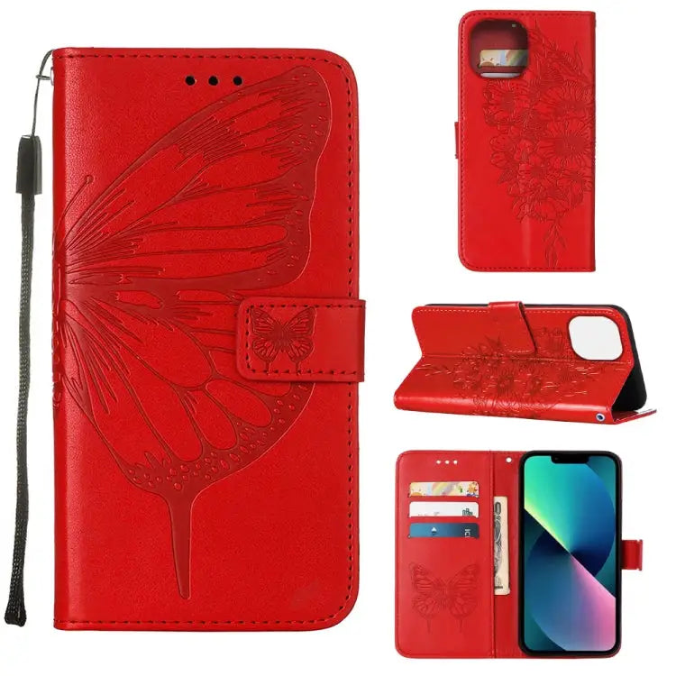 Embossed Butterfly Leather Phone Case For iPhone 14 For iPhone 14 Plus For iPhone 14 Pro - For iPhone 14 / Red - Apple