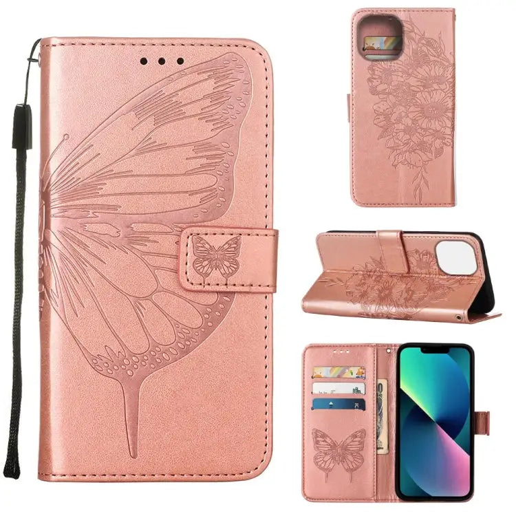 Embossed Butterfly Leather Phone Case For iPhone 14 For iPhone 14 Plus For iPhone 14 Pro - For iPhone 14 Plus / Rose