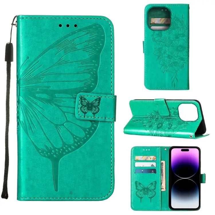 Embossed Butterfly Leather Phone Case For iPhone 14 Pro Max - For iPhone 14 Pro Max / Green - Apple Accessories