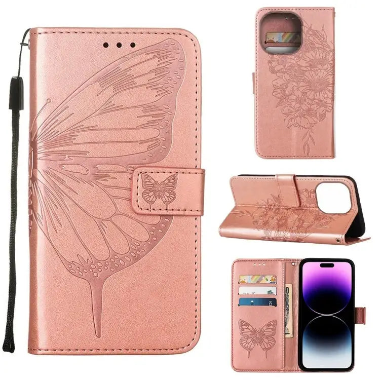 Embossed Butterfly Leather Phone Case For iPhone 14 Pro Max - For iPhone 14 Pro Max / Rose Gold - Apple Accessories