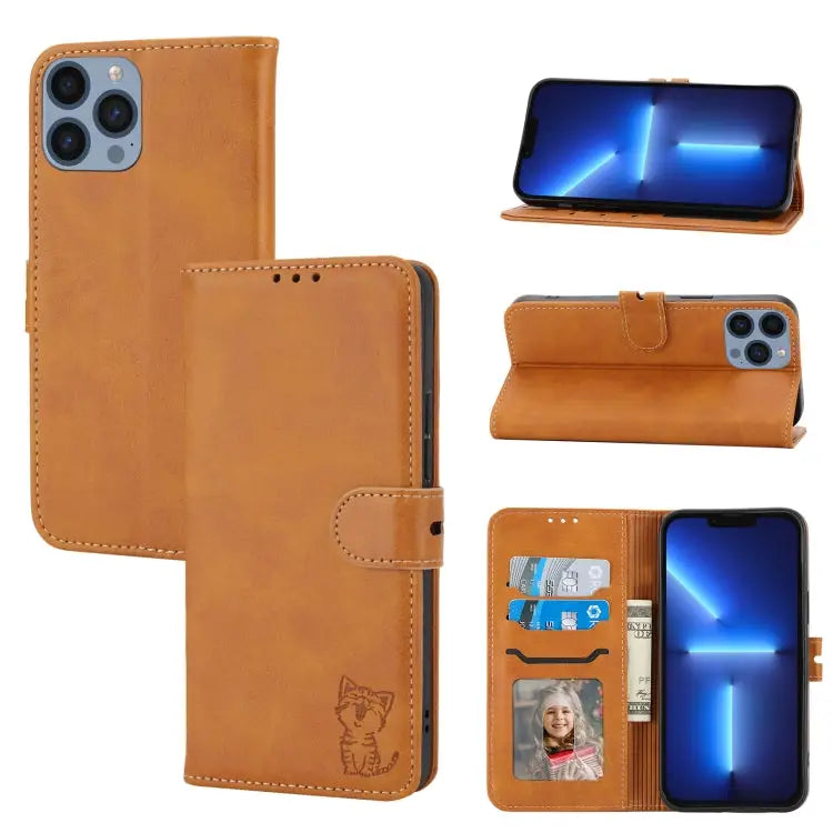 Embossed Happy Cat Pattern Flip Leather Phone Case For iPhone 15 Pro Max For iPhone 15 Pro For iPhone 15 Plus