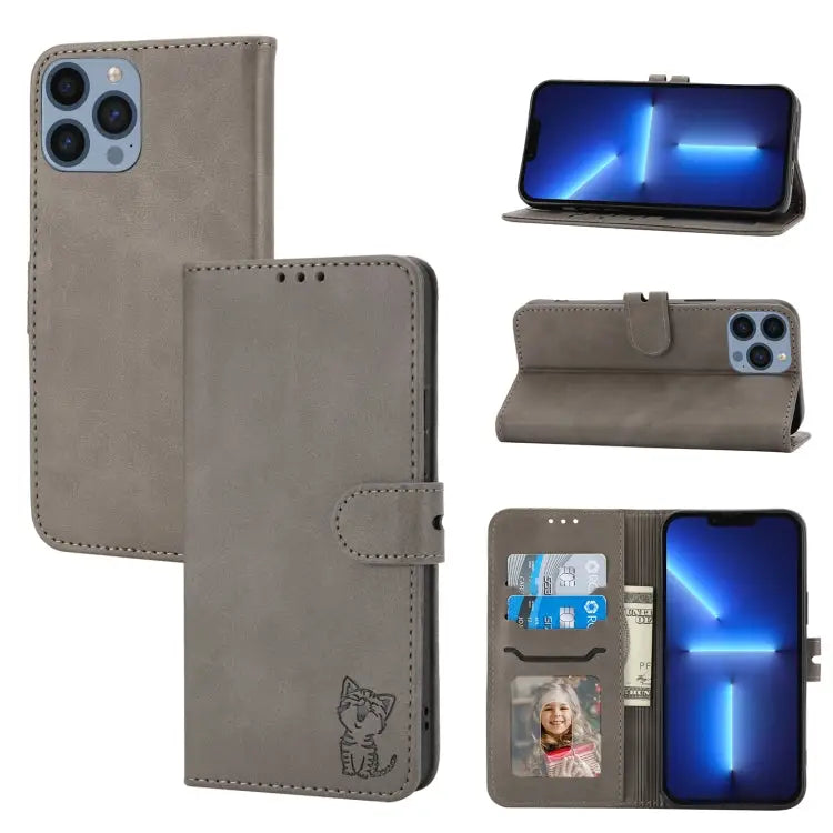 Embossed Happy Cat Pattern Flip Leather Phone Case For iPhone 15 Pro Max For iPhone 15 Pro For iPhone 15 Plus