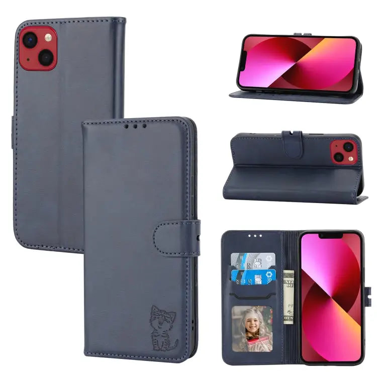 Embossed Happy Cat Pattern Flip Leather Phone Case For iPhone 15 Pro Max For iPhone 15 Pro For iPhone 15 Plus