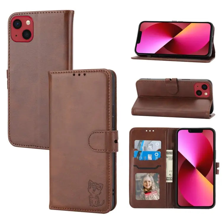 Embossed Happy Cat Pattern Flip Leather Phone Case For iPhone 15 Pro Max For iPhone 15 Pro For iPhone 15 Plus