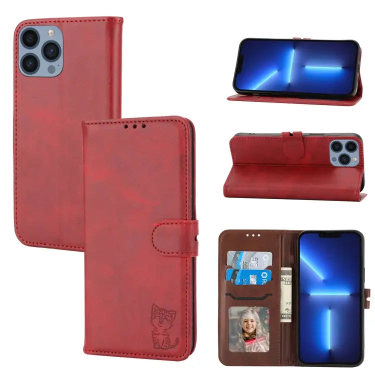 Embossed Happy Cat Pattern Flip Leather Phone Case For iPhone 15 Pro Max For iPhone 15 Pro For iPhone 15 Plus