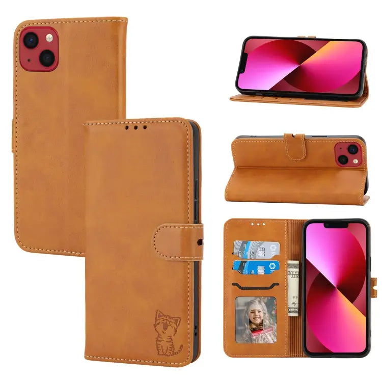 Embossed Happy Cat Pattern Flip Leather Phone Case For iPhone 15 Pro Max For iPhone 15 Pro For iPhone 15 Plus