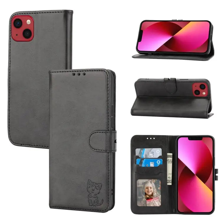 Embossed Happy Cat Pattern Flip Leather Phone Case For iPhone 15 Pro Max For iPhone 15 Pro For iPhone 15 Plus