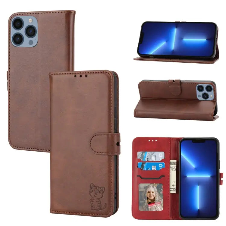 Embossed Happy Cat Pattern Flip Leather Phone Case For iPhone 15 Pro Max For iPhone 15 Pro For iPhone 15 Plus