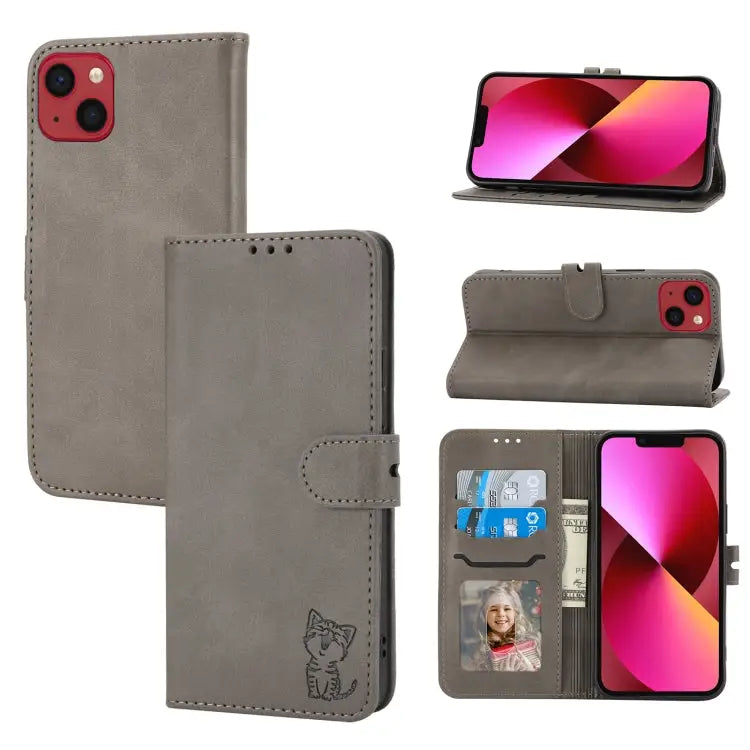 Embossed Happy Cat Pattern Flip Leather Phone Case For iPhone 15 Pro Max For iPhone 15 Pro For iPhone 15 Plus