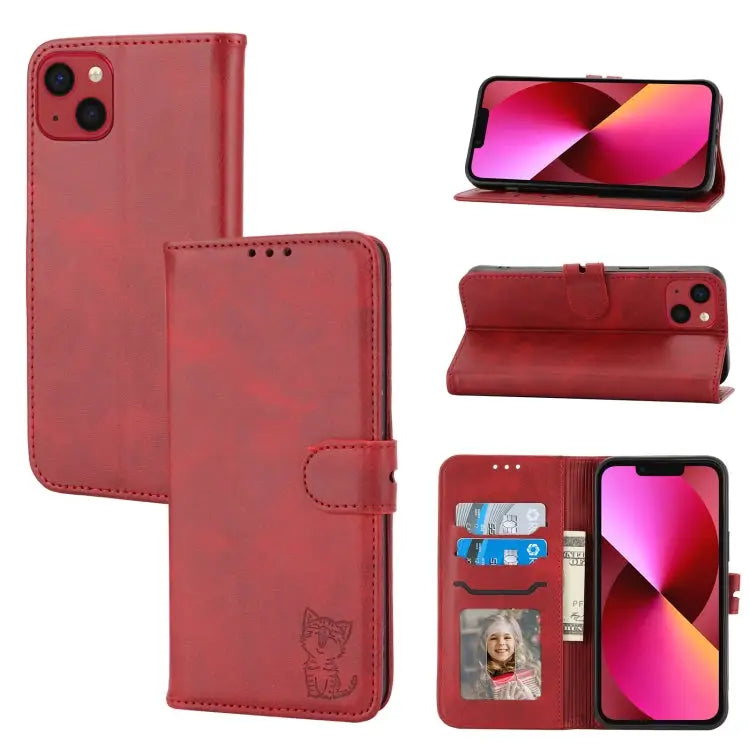 Embossed Happy Cat Pattern Flip Leather Phone Case For iPhone 15 Pro Max For iPhone 15 Pro For iPhone 15 Plus