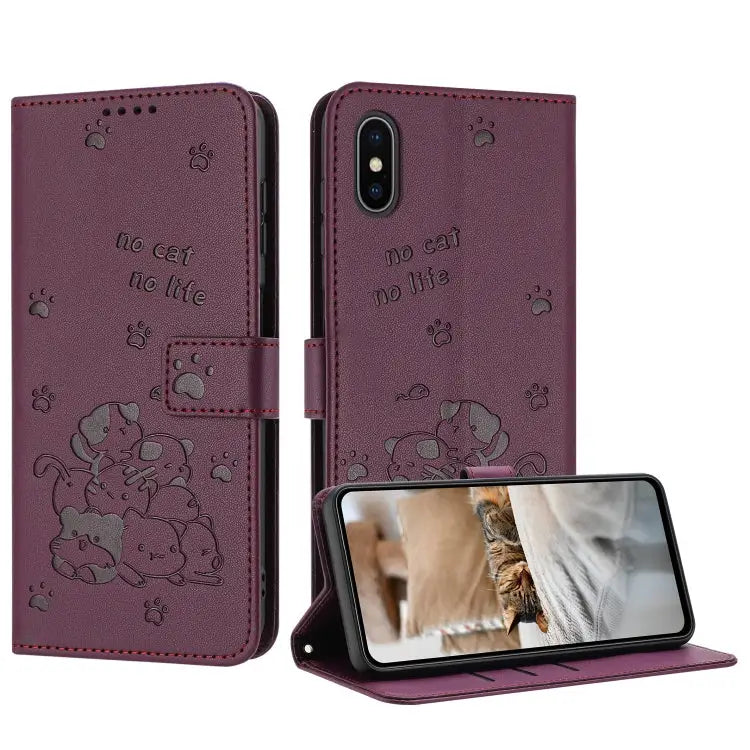 Embossed Kitten Phone Leather Case with Lanyard For iPhone 11 For iPhone 11 Pro For iPhone XS / X For iPhone XR