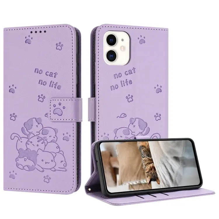 Embossed Kitten Phone Leather Case with Lanyard For iPhone 11 For iPhone 11 Pro For iPhone XS / X For iPhone XR