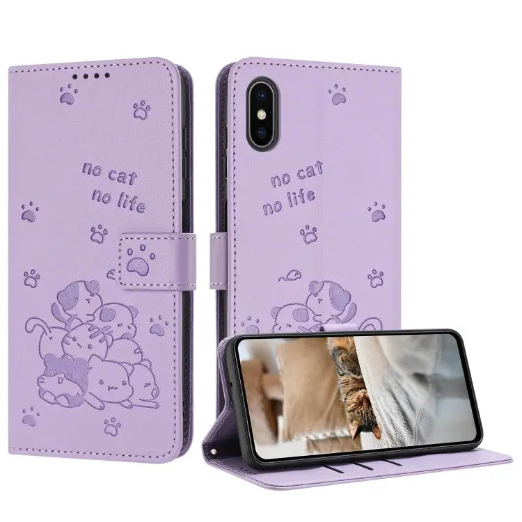 Embossed Kitten Phone Leather Case with Lanyard For iPhone 11 For iPhone 11 Pro For iPhone XS / X For iPhone XR