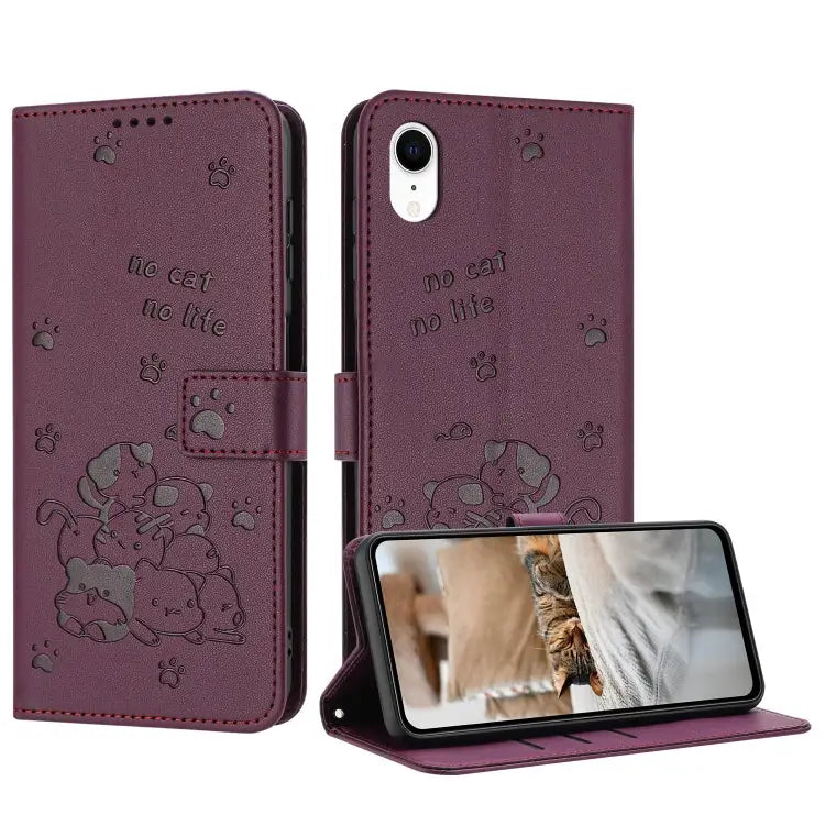 Embossed Kitten Phone Leather Case with Lanyard For iPhone 11 For iPhone 11 Pro For iPhone XS / X For iPhone XR