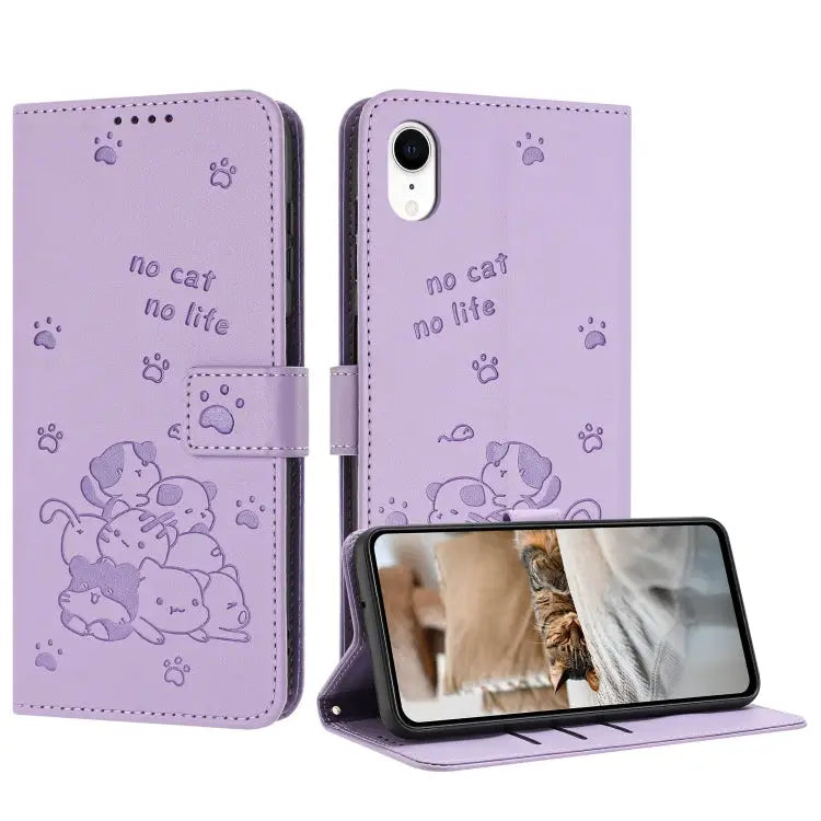 Embossed Kitten Phone Leather Case with Lanyard For iPhone 11 For iPhone 11 Pro For iPhone XS / X For iPhone XR