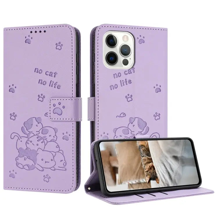 Embossed Kitten Phone Leather Case with Lanyard For iPhone 13 mini For iPhone 12 / 12 Pro For iPhone 12 Pro Max
