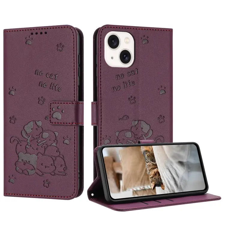 Embossed Kitten Phone Leather Case with Lanyard For iPhone 13 mini For iPhone 12 / 12 Pro For iPhone 12 Pro Max