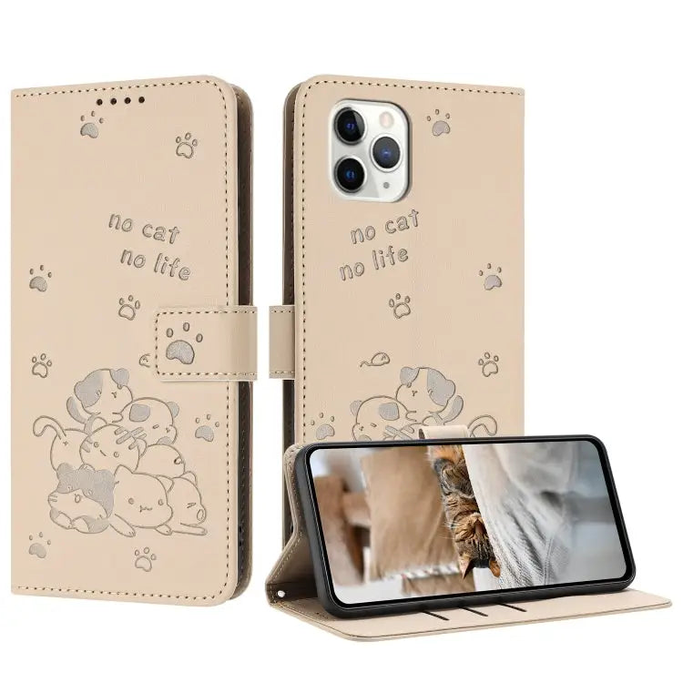 Embossed Kitten Phone Leather Case with Lanyard For iPhone 13 mini For iPhone 12 / 12 Pro For iPhone 12 Pro Max