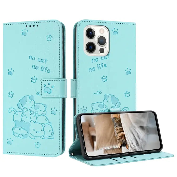 Embossed Kitten Phone Leather Case with Lanyard For iPhone 13 mini For iPhone 12 / 12 Pro For iPhone 12 Pro Max