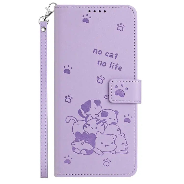 Embossed Kitten Phone Leather Case with Lanyard For iPhone 13 mini For iPhone 12 / 12 Pro For iPhone 12 Pro Max