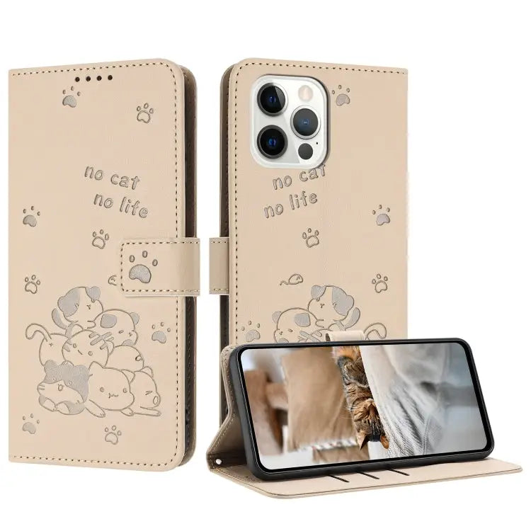 Embossed Kitten Phone Leather Case with Lanyard For iPhone 13 mini For iPhone 12 / 12 Pro For iPhone 12 Pro Max