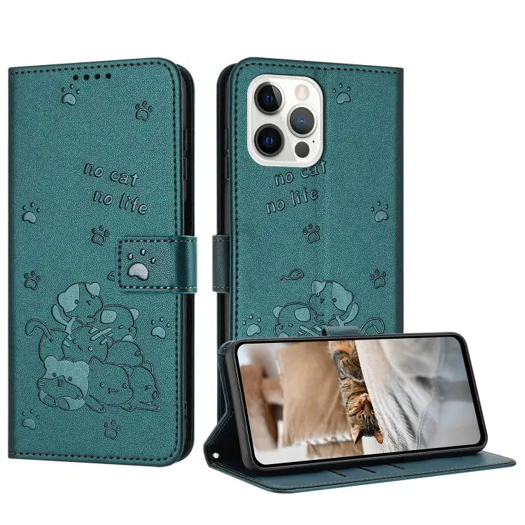 Embossed Kitten Phone Leather Case with Lanyard For iPhone 13 mini For iPhone 12 / 12 Pro For iPhone 12 Pro Max