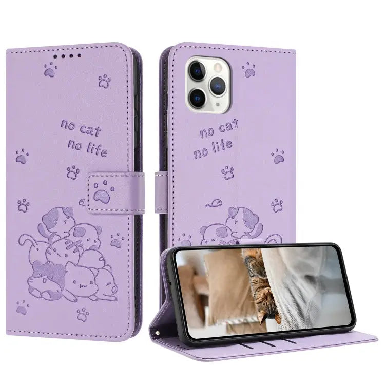 Embossed Kitten Phone Leather Case with Lanyard For iPhone 13 mini For iPhone 12 / 12 Pro For iPhone 12 Pro Max