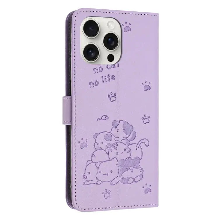 Embossed Kitten Phone Leather Case with Lanyard For iPhone 14 Pro Max For iPhone SE 2022 / 2020 For iPhone 13 Pro Max