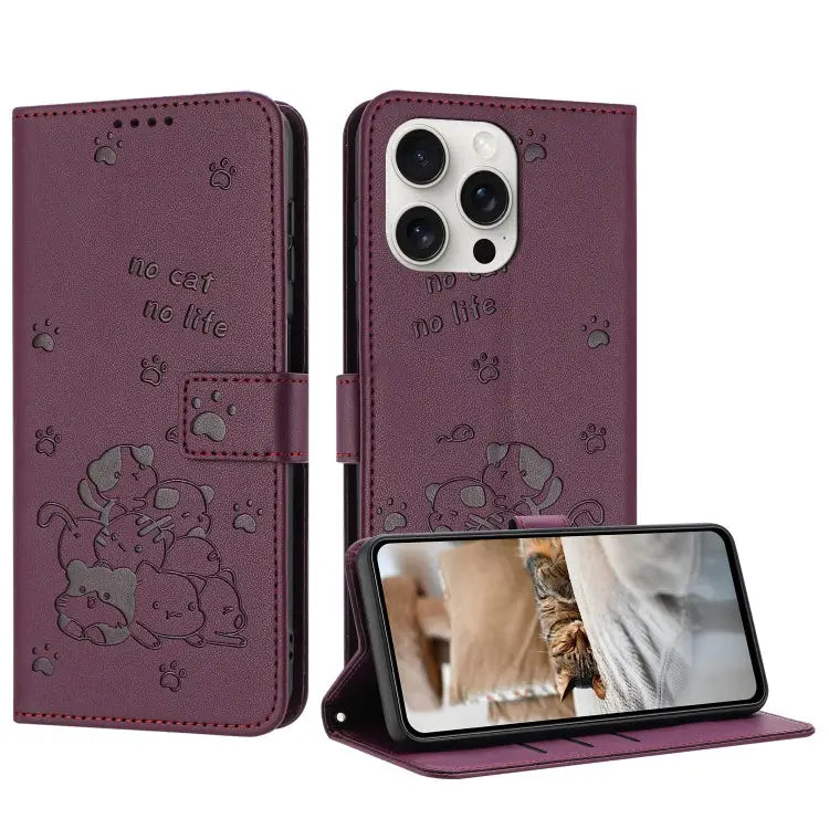 Embossed Kitten Phone Leather Case with Lanyard For iPhone 14 Pro Max For iPhone SE 2022 / 2020 For iPhone 13 Pro Max