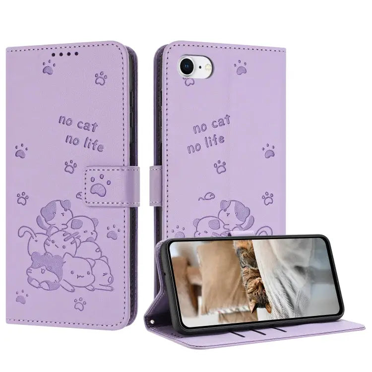Embossed Kitten Phone Leather Case with Lanyard For iPhone 14 Pro Max For iPhone SE 2022 / 2020 For iPhone 13 Pro Max