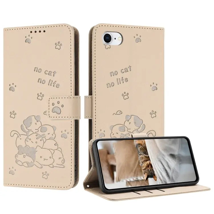 Embossed Kitten Phone Leather Case with Lanyard For iPhone 14 Pro Max For iPhone SE 2022 / 2020 For iPhone 13 Pro Max
