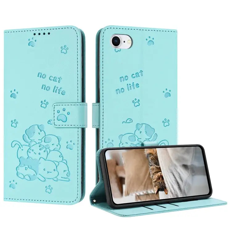 Embossed Kitten Phone Leather Case with Lanyard For iPhone 14 Pro Max For iPhone SE 2022 / 2020 For iPhone 13 Pro Max