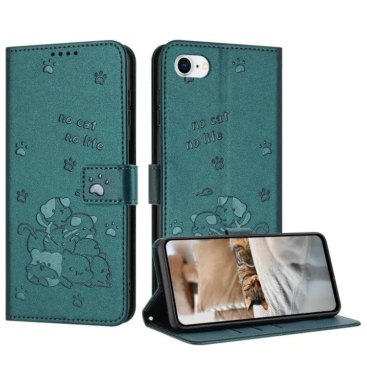 Embossed Kitten Phone Leather Case with Lanyard For iPhone 14 Pro Max For iPhone SE 2022 / 2020 For iPhone 13 Pro Max